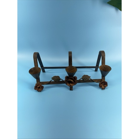 Antique Vintage Metal 3 Arm Candle Holder Floral Rustic Table